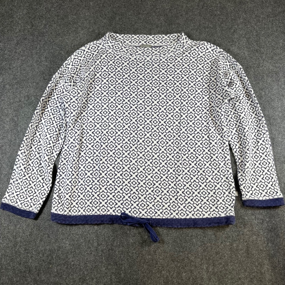 T by Talbots Navy White Geometric Quatrefoil Drawstring Hem Cotton Top LP